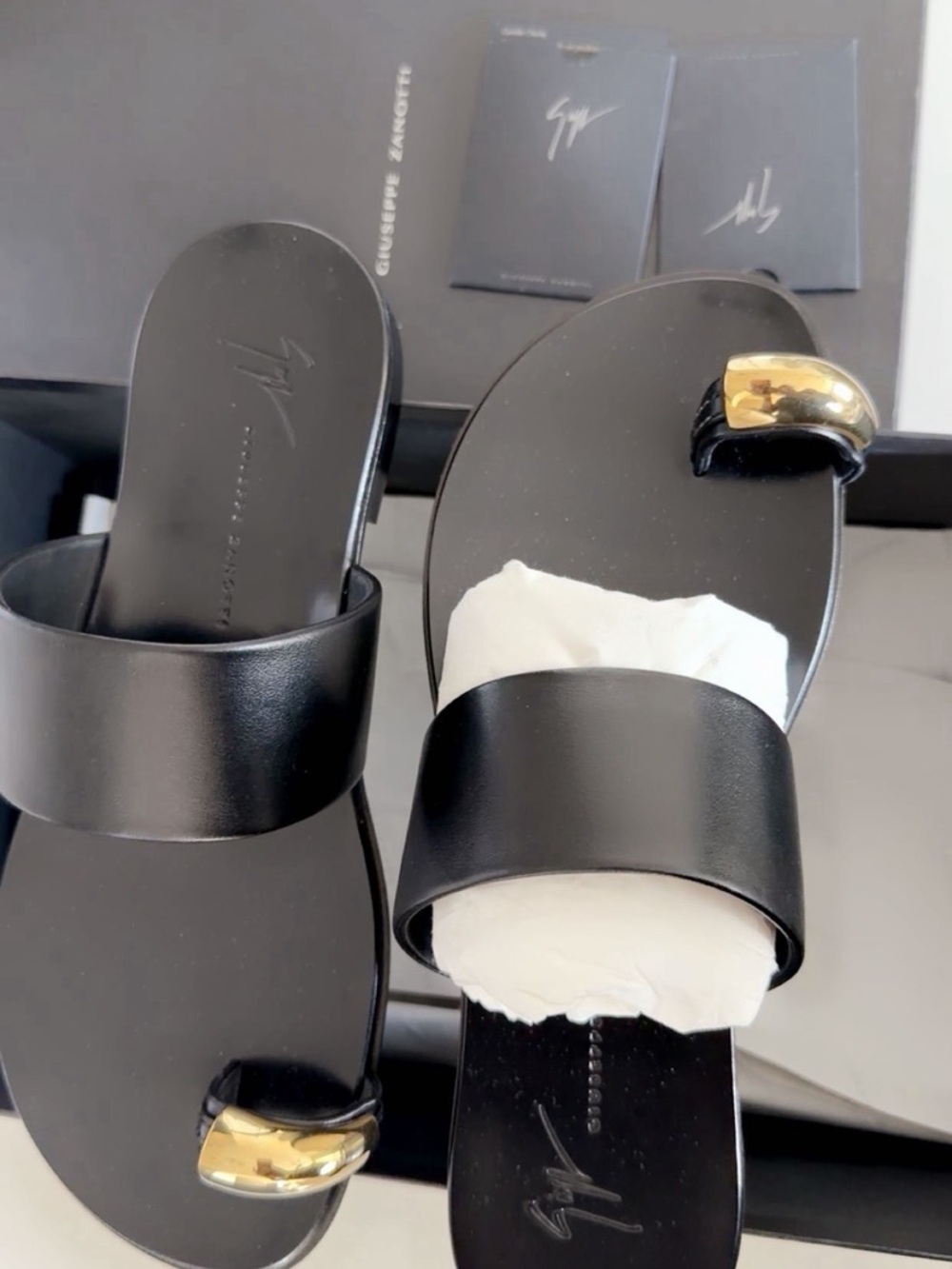 Giuseppe Zanotti Black Leather Slide Sandals with Gold Toe Accent